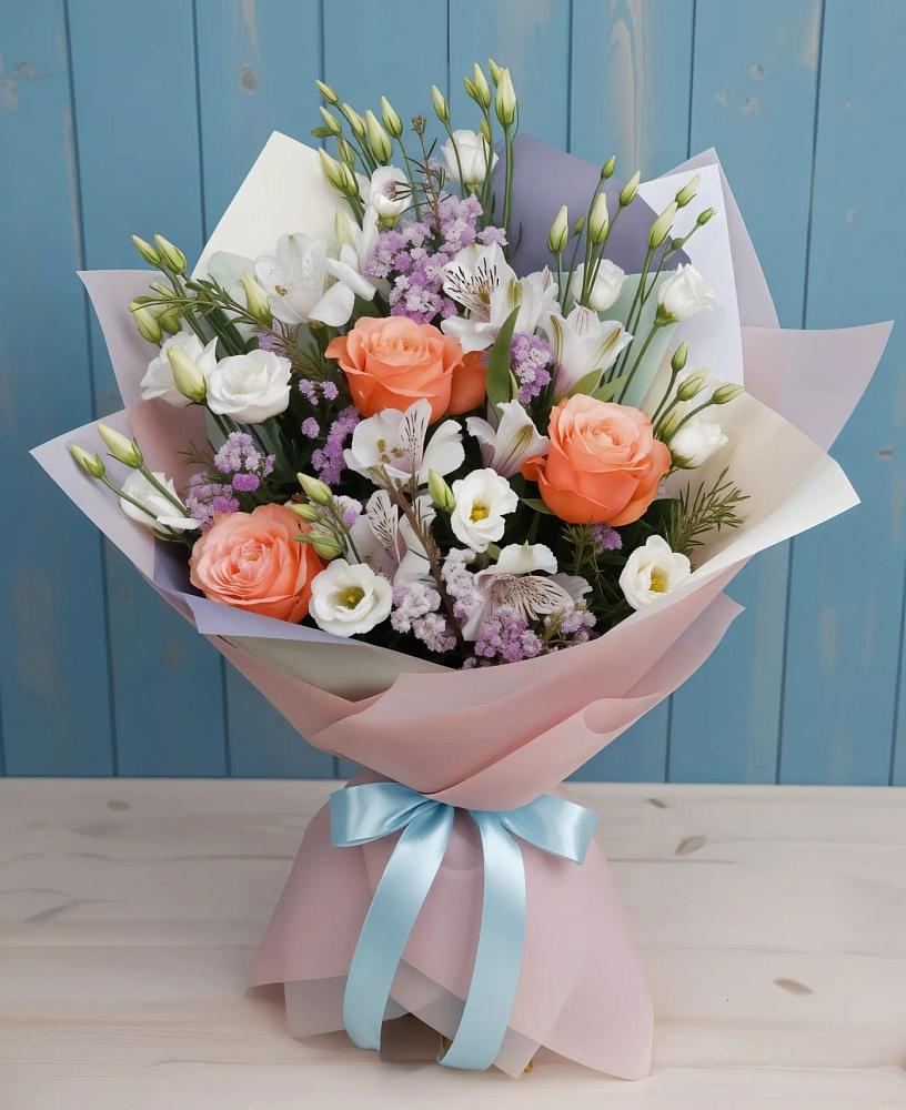 Букет цветов из: Лизиантусы, Розы, Альстромерии и Гипсофила в Мирном