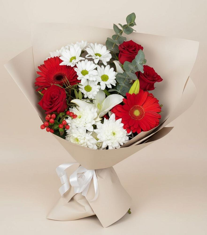 Букет цветов из: Розы, Хризантемы, Герберы и Лилии в Мирном